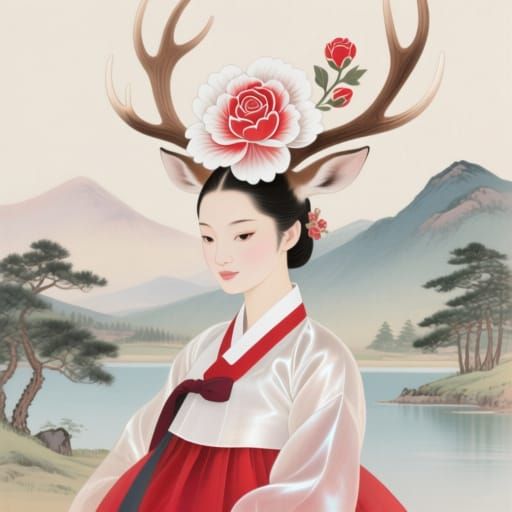 Deer Woman in Korean Aesthetic Style with Floral Antlers