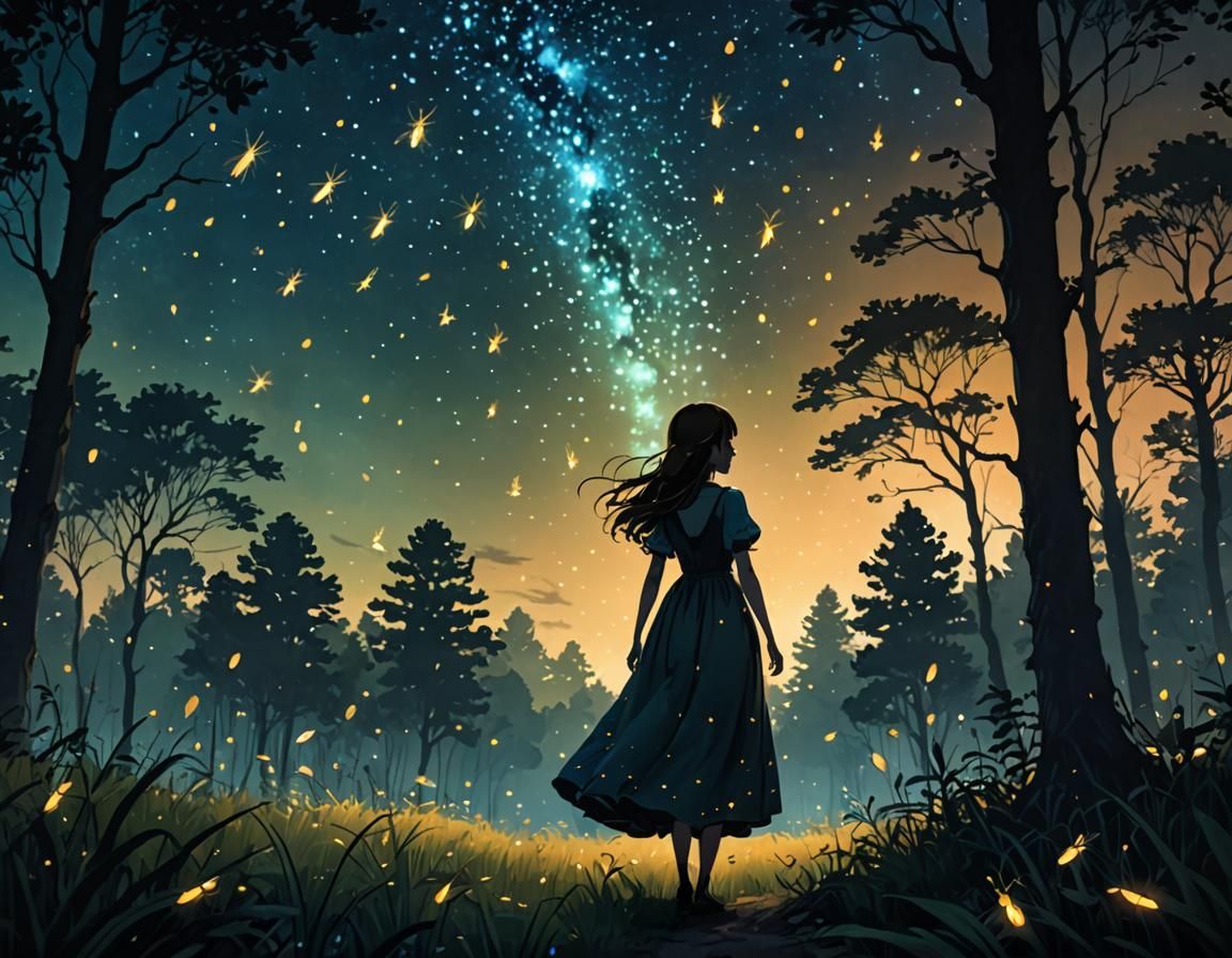 Magical Fireflies Surround Girl in Forest Clearing
