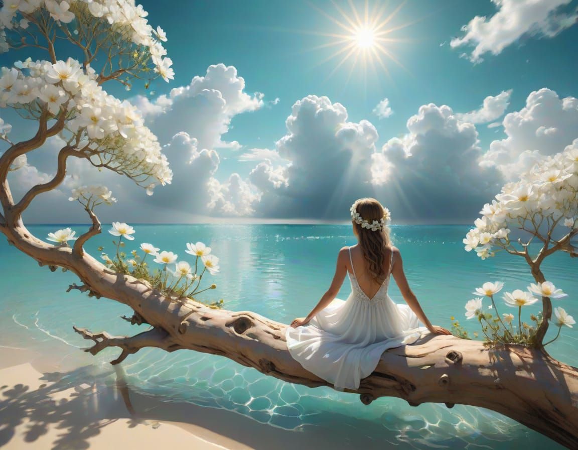 Girl in White Sitting on Branch Over Heavenly Beach