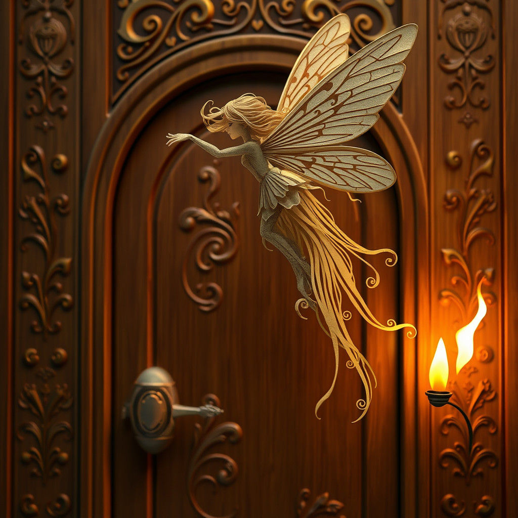 Paper Fairy with Wooden Door in Art Nouveau Style