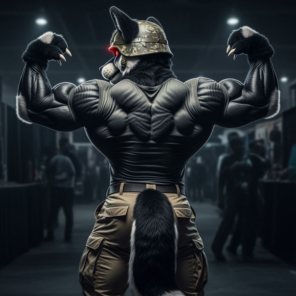 Muscular Wolf Fursuit Bodybuilder in Spooky Convention