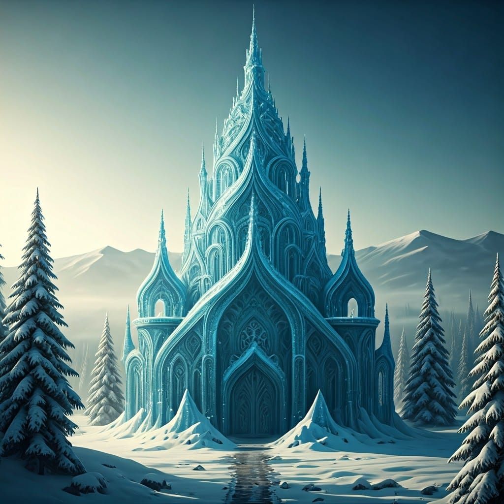 Detailed Ice Castle in Snowy Winter Landscape