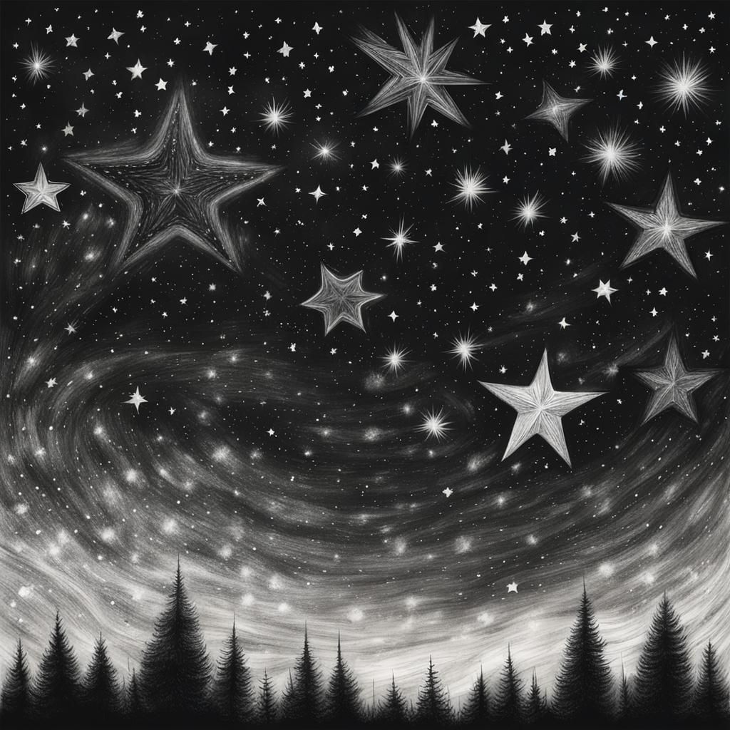 Detailed Charcoal Line Art of Stars in Sky