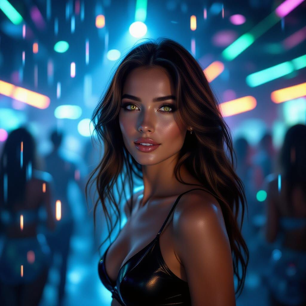 Euphoric Woman Dancing in Futuristic Neon Nightclub