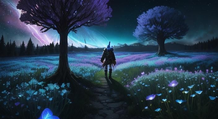 Bioluminescent Candy Galaxy Over Wildflower Field