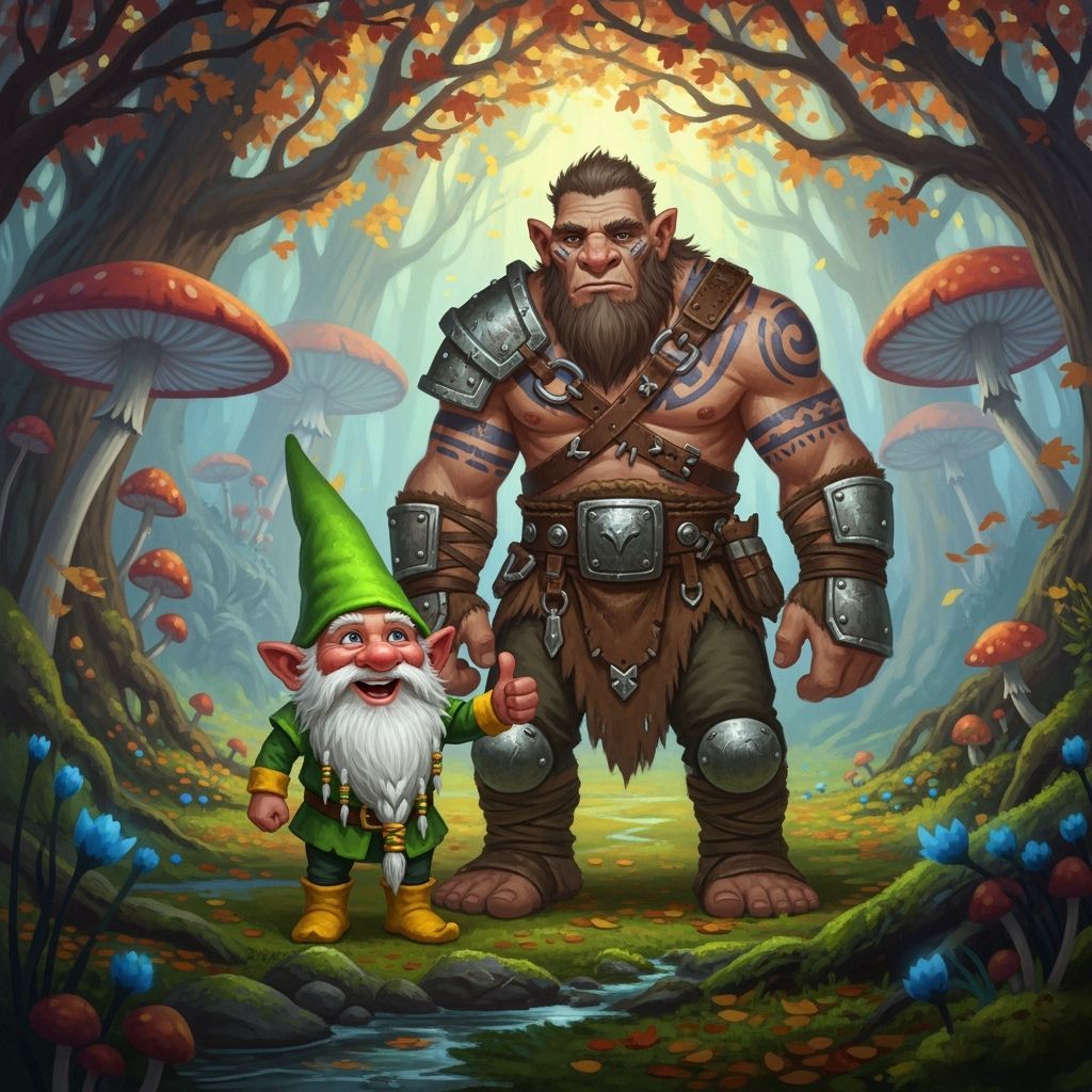 Gnome and Goliath in Enchanted Forest Clearing