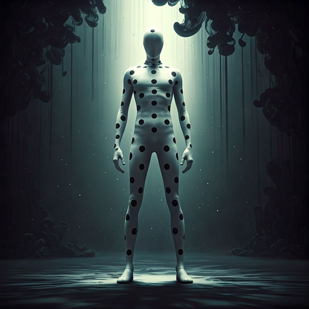 Faceless Man in Latex Suit with Black Dots, Wide-Angle