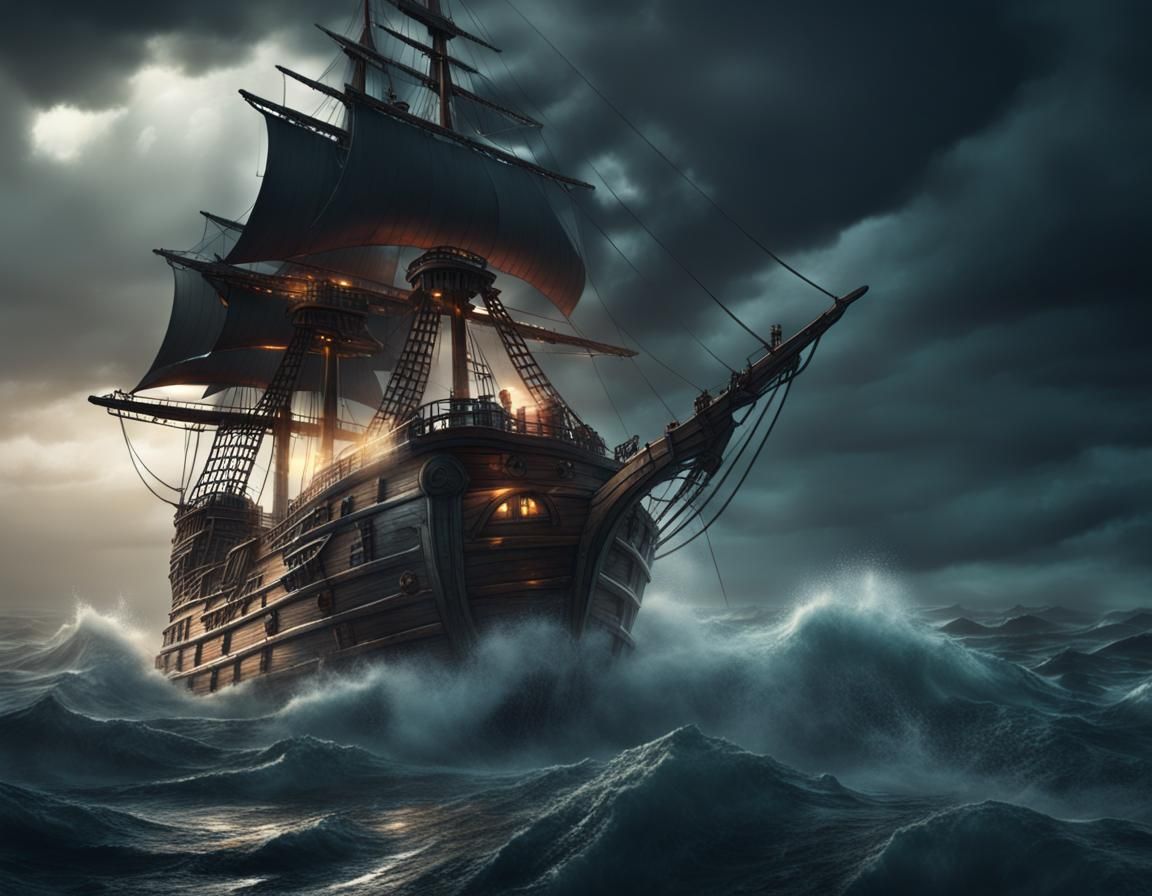 Pirate Ship Illustration on Stormy Sea in 8K