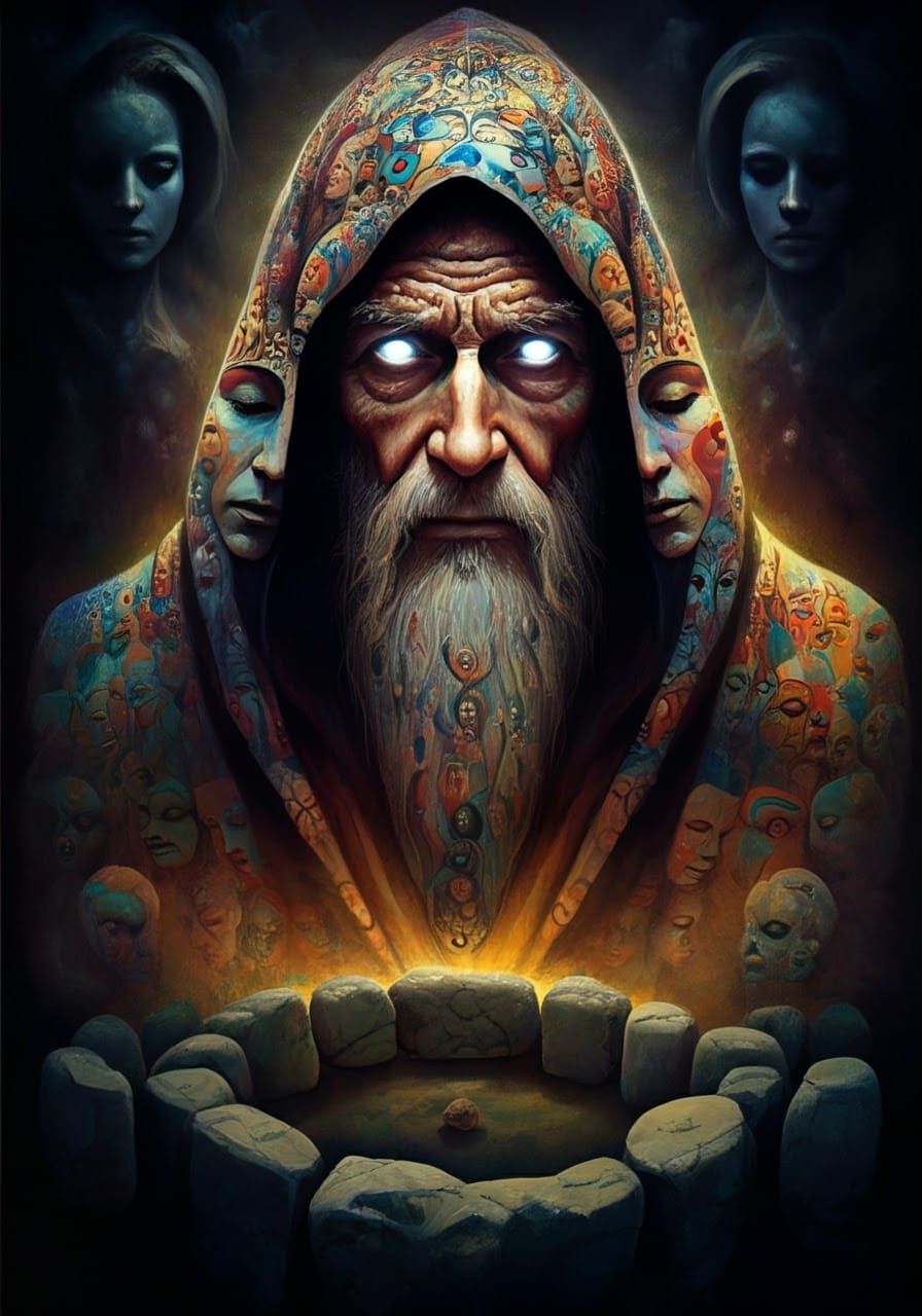 Mystic Hermit in Hooded Garment with Glowing Eyes