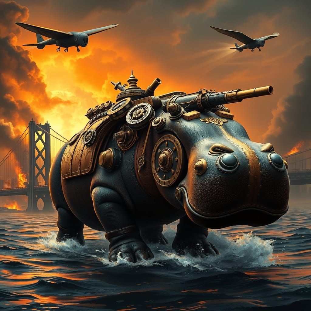 Ancient Steampunk Hippo Approaches Burning New York City