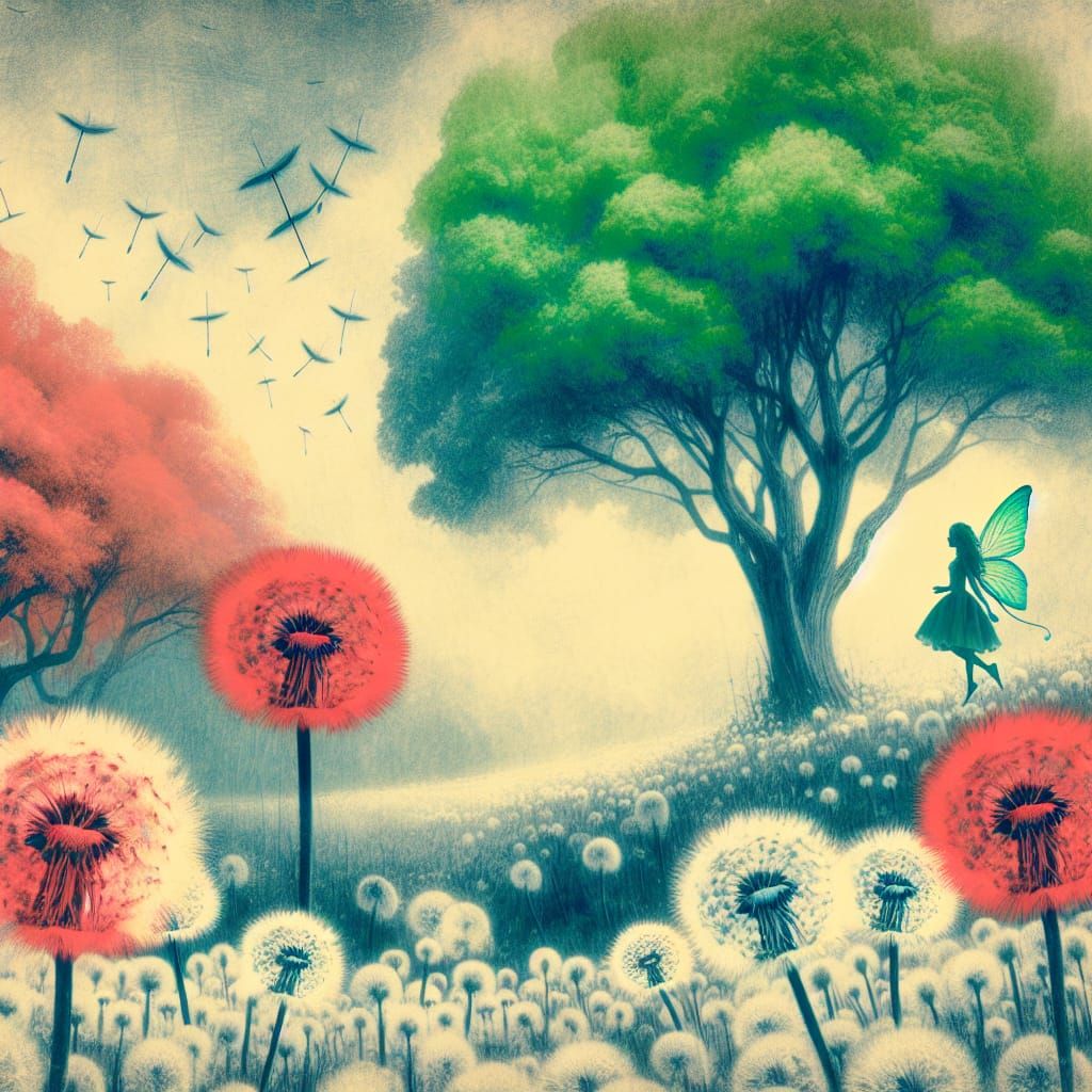 Surreal Dandelion Landscape with Red Fairy, in Photogram Sty...