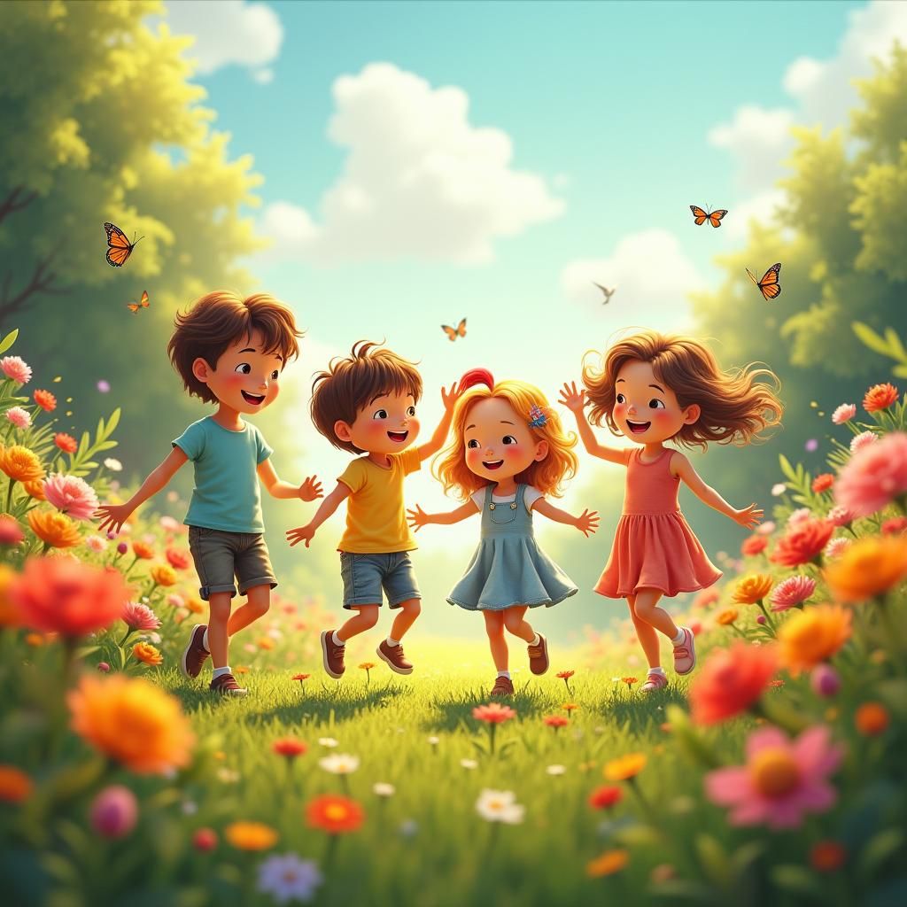 Children Dancing in Lush Garden, Whimsical Art Style