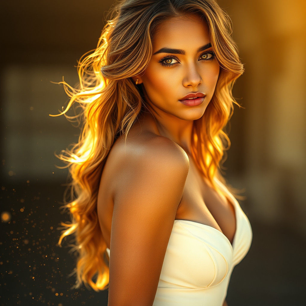 Golden Woman in White Dress: Cinematic Film Still