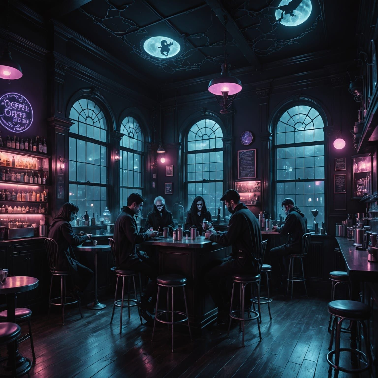 Spectral Coffeehouse at Moonlit Night
