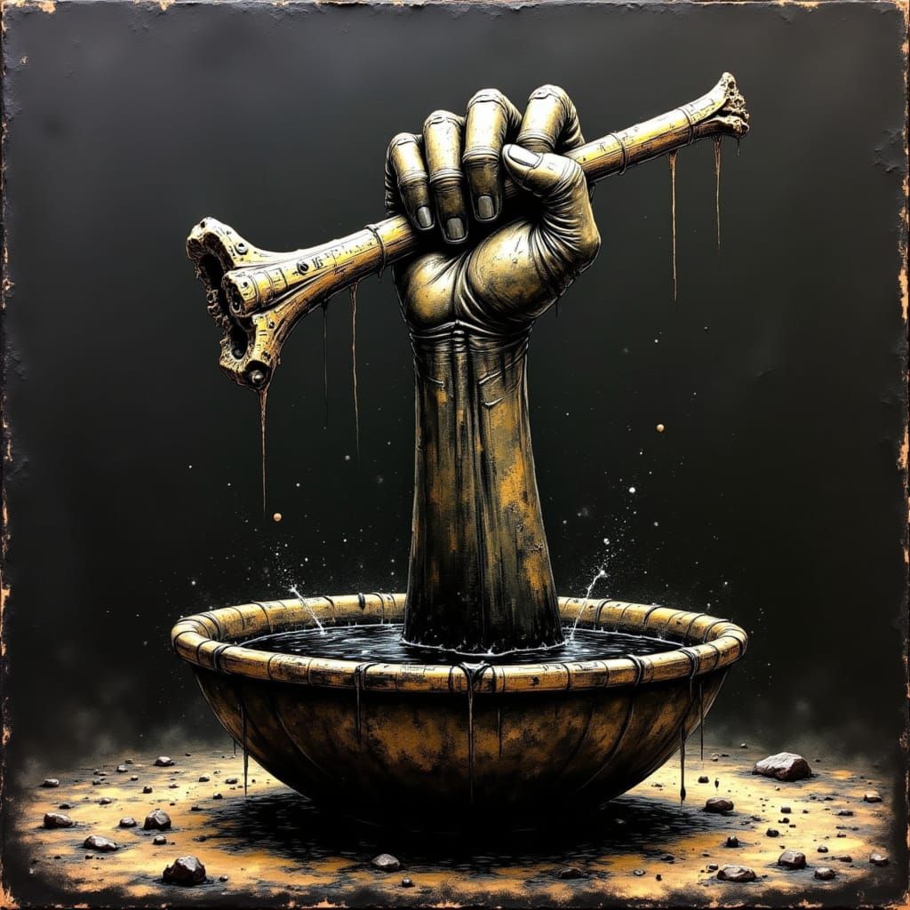 Clenched Fist Grasping Bone in Giger Style