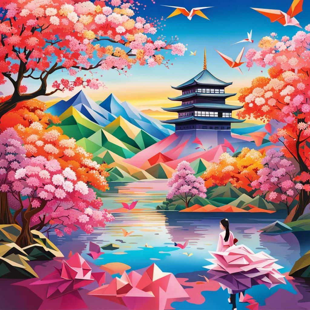 Origami Kimono Girl in Japanese Landscape