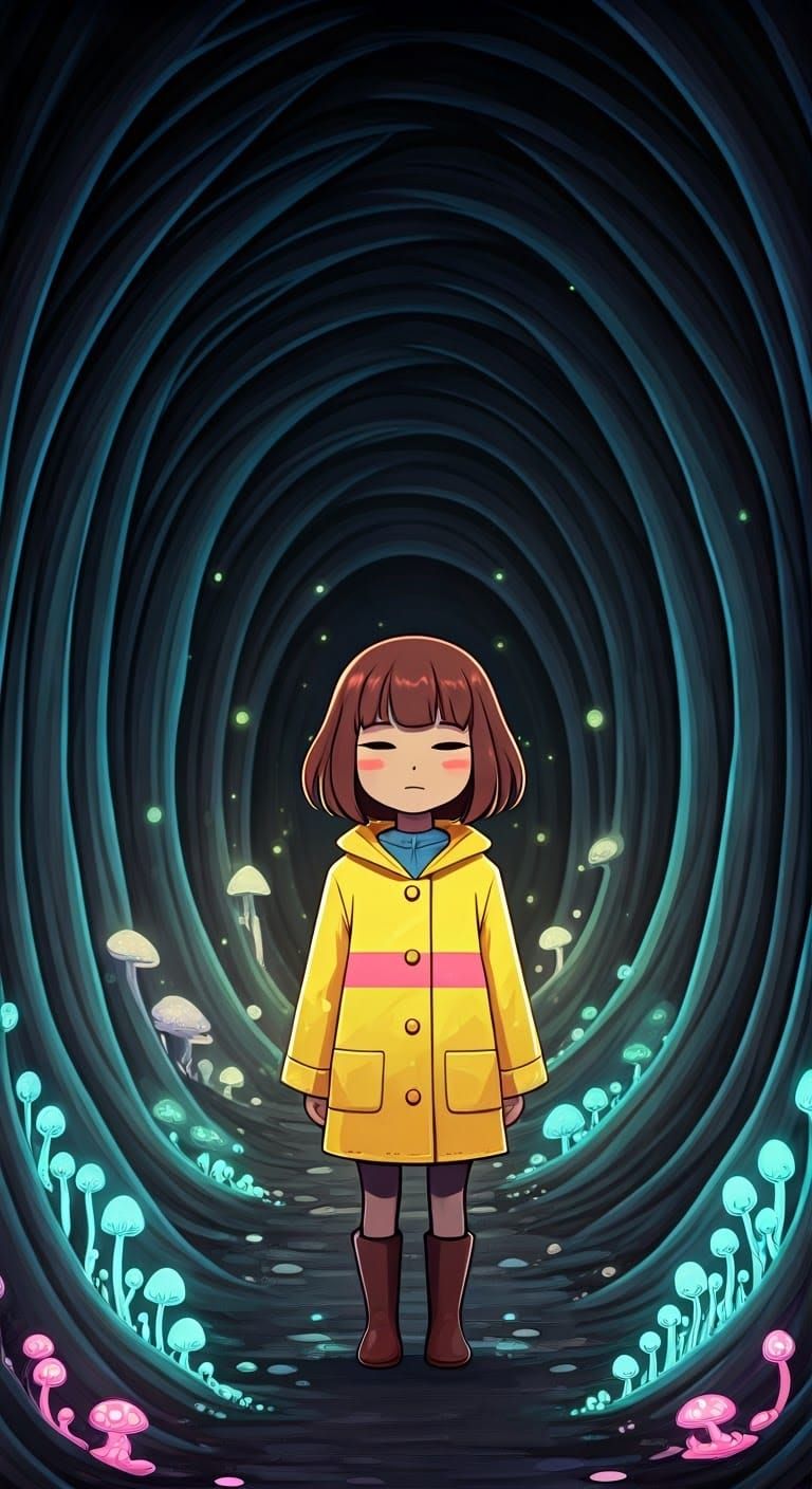 Frisk in Underground Cave with Mushrooms