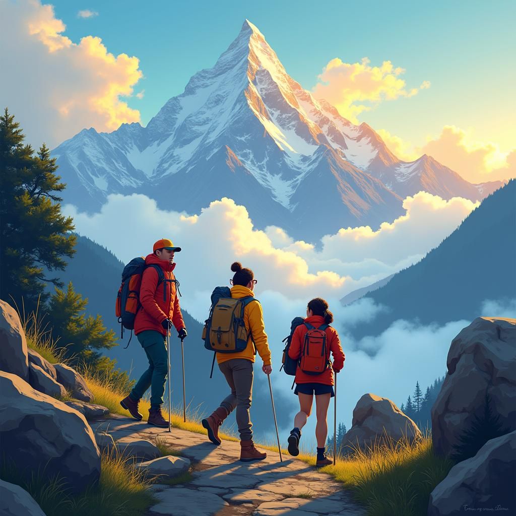 Friends Trekking Machhapuchhare in Anime Style