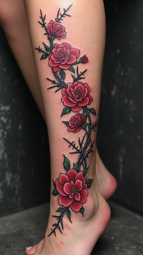 Floral Barbed Wire Tattoo Ascends the Thigh