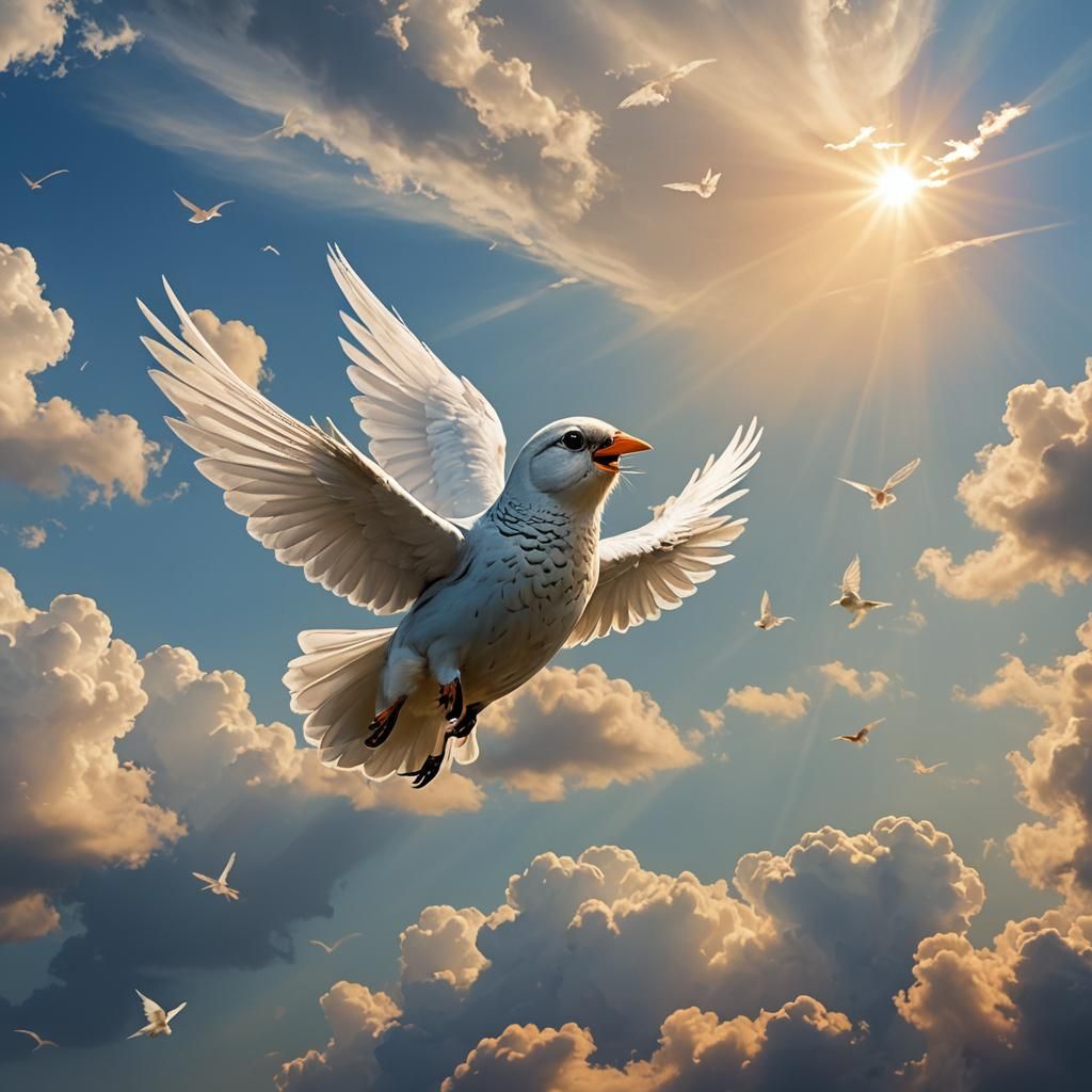 Smiling Bird with Angel Wings Flies to Heaven