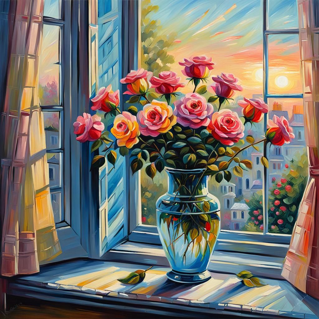 Roses in Vase at Dawn: An Oil Painting