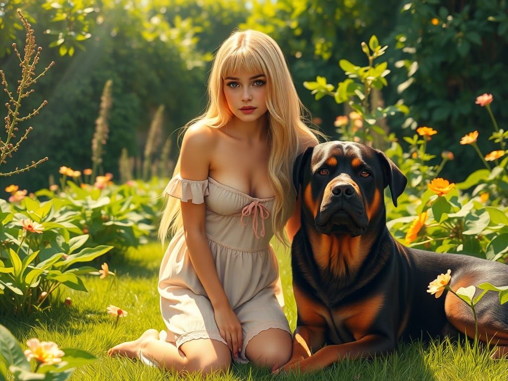 Woman and Rottweiler in Lush Garden, Digital Painting
