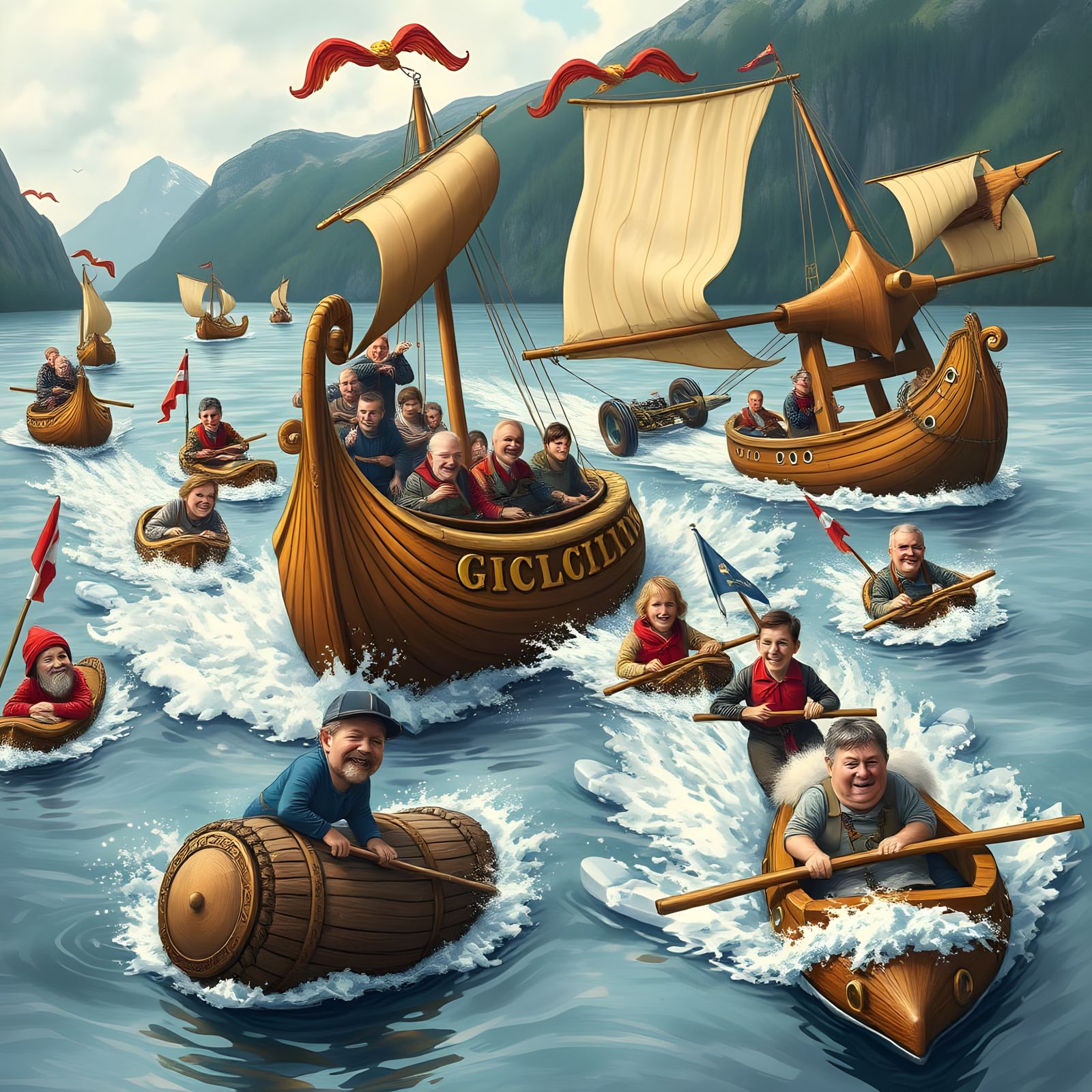 Norwegian Fjord Frenzy in Whimsical Digital Art