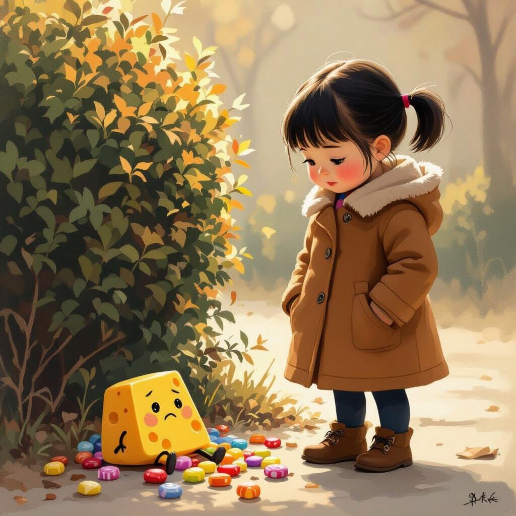 Girl Finds Sad Cheese Character with Scattered Candy