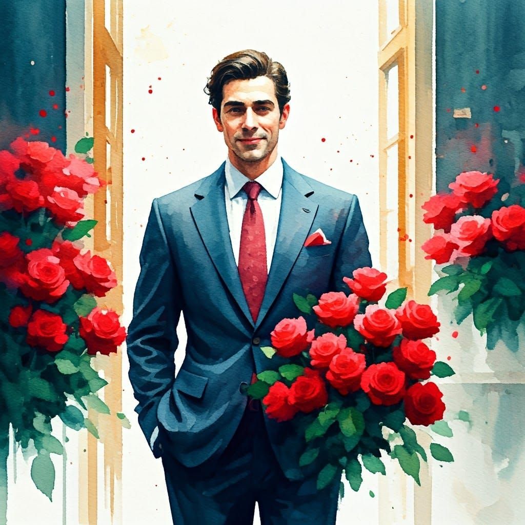 Man with Roses: Impressionistic Watercolor Painting