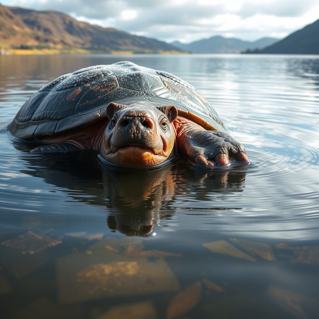 Giant Turtle-Pig Swimming in Scottish Lake