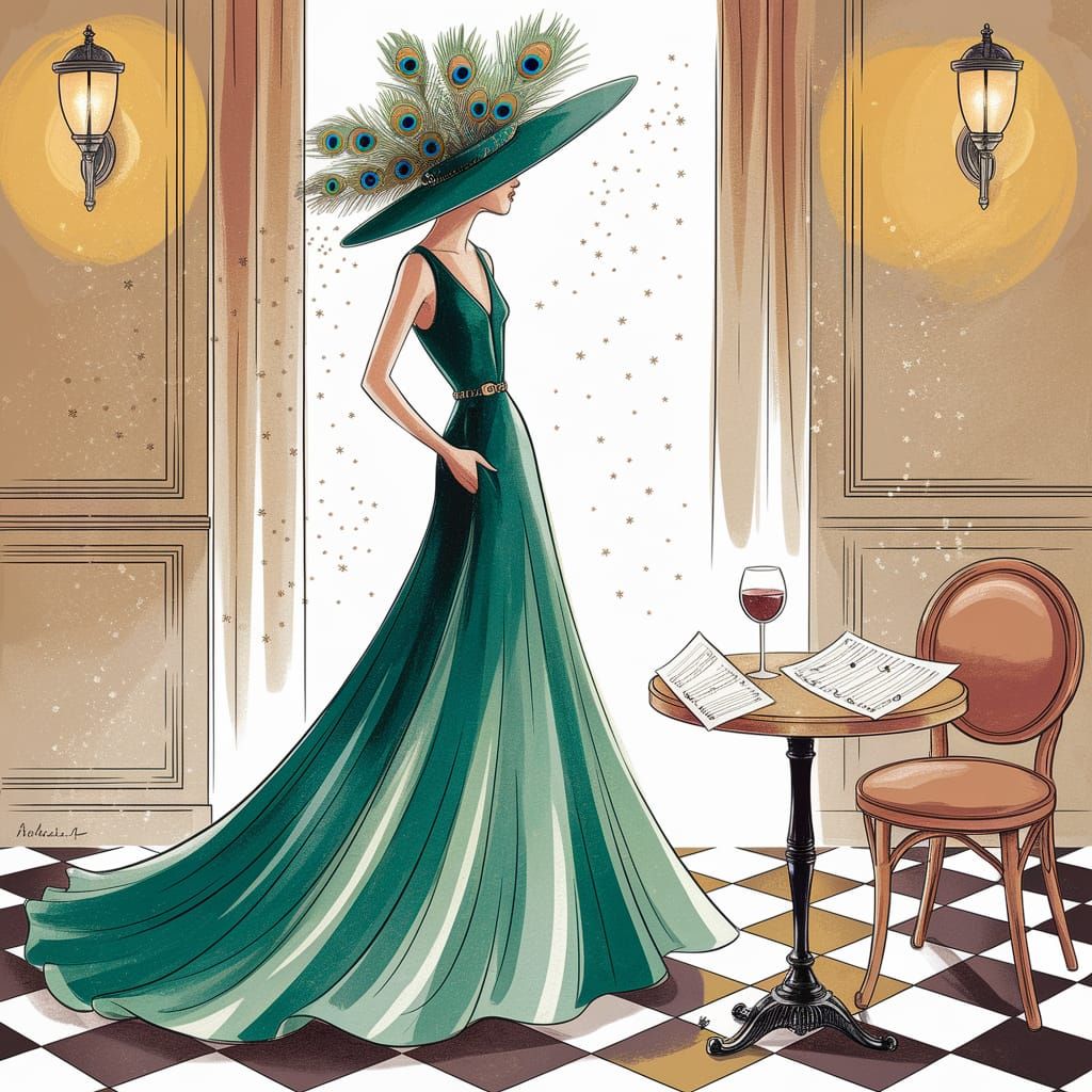 Toulouse Lautrec Inspired Parisian Woman in Emerald Gown