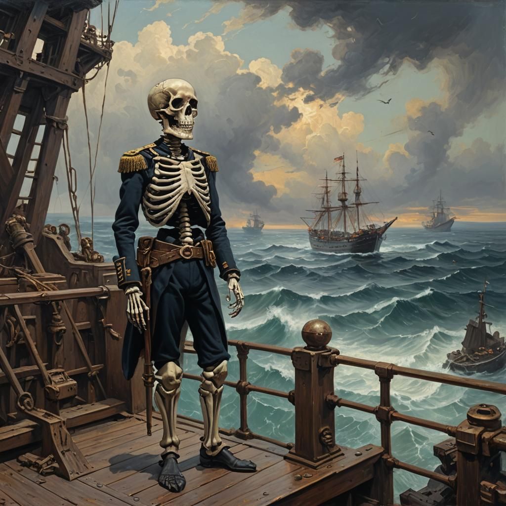 Skeletal Captain Stands Vigilant Amidst Shipwrecks in Oil Pa...
