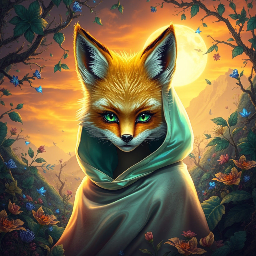 Fox-like Girl in Dreamlike Landscape, Matte Painting