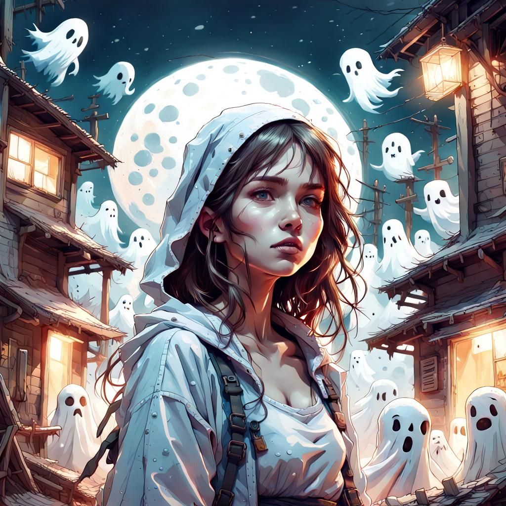 beautiful insane detailed midriff, cute little white ghosts, digital illustration, comic style, awesome moon light villa...