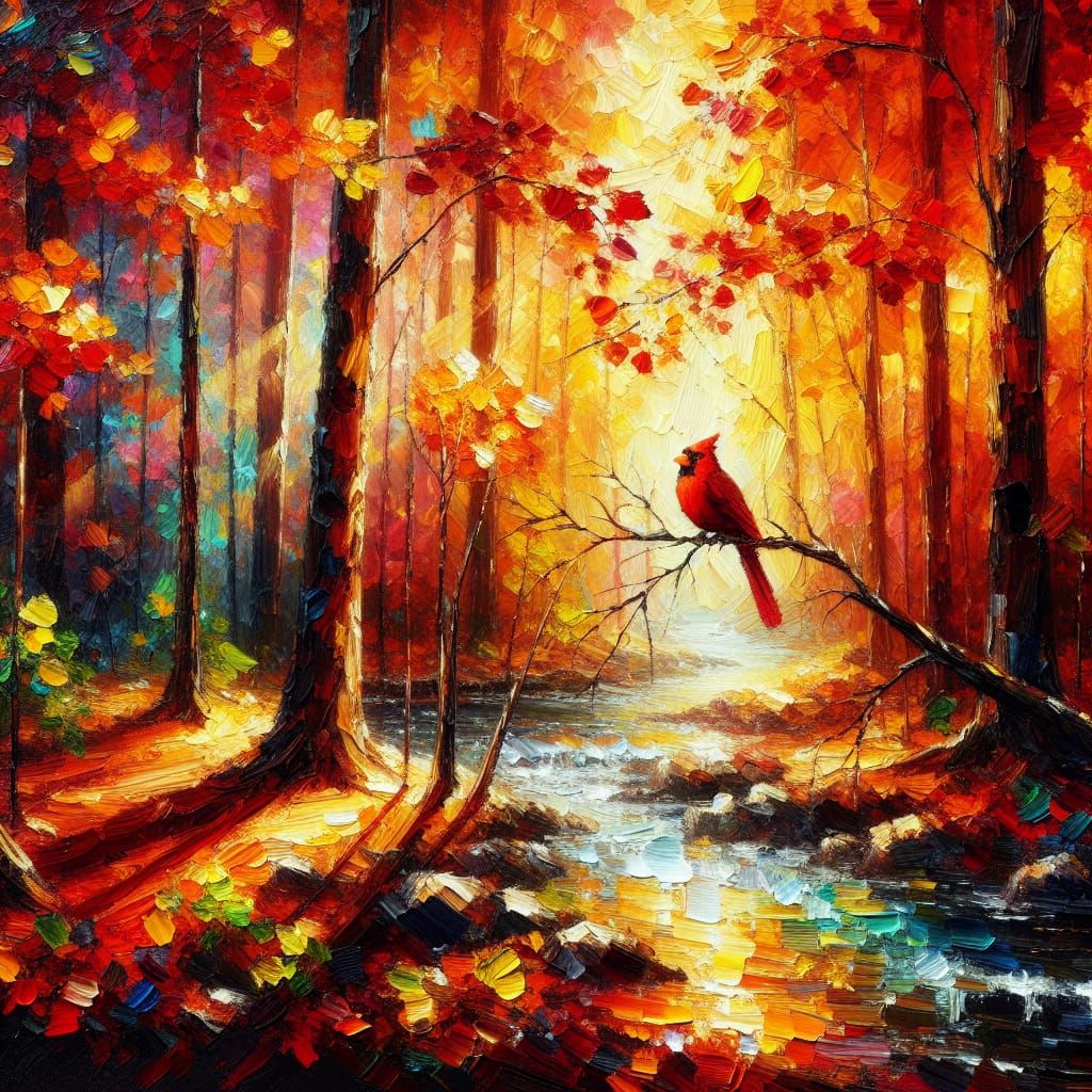 Cardinal in Autumn Forest Impasto Oil Painting