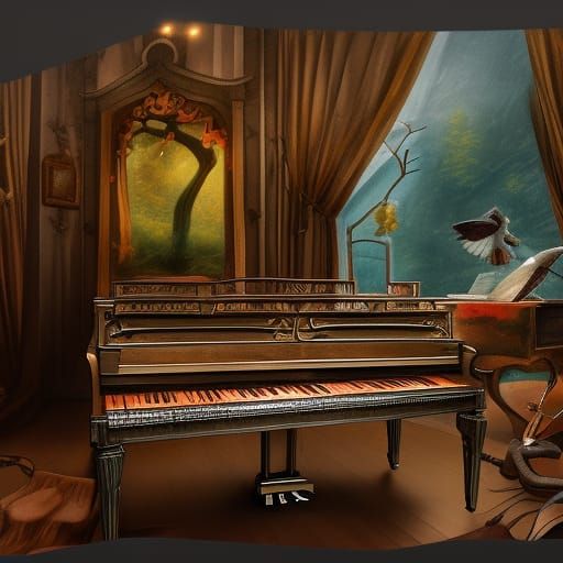 Surreal Piano Repair in a Fantastical Matte Painting