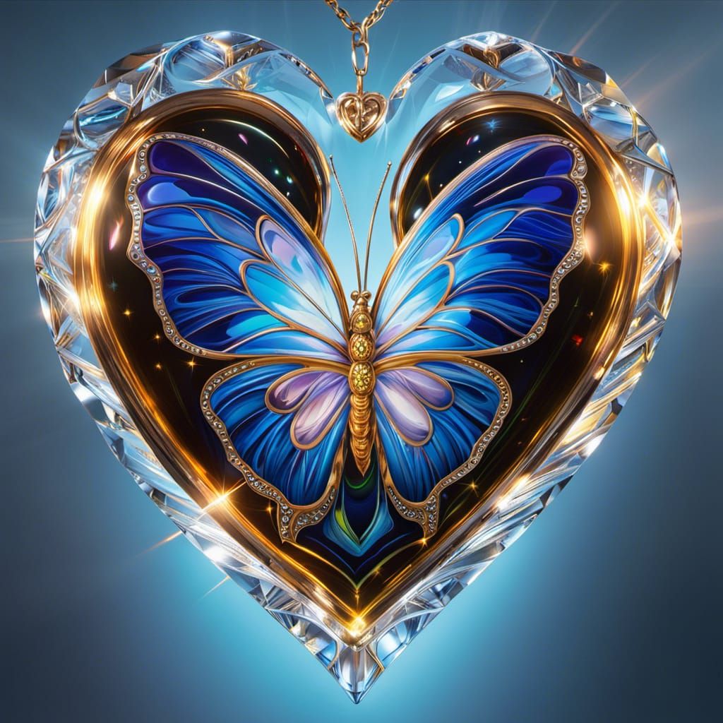 Crystal Butterfly on Glass Heart in Art Nouveau Style