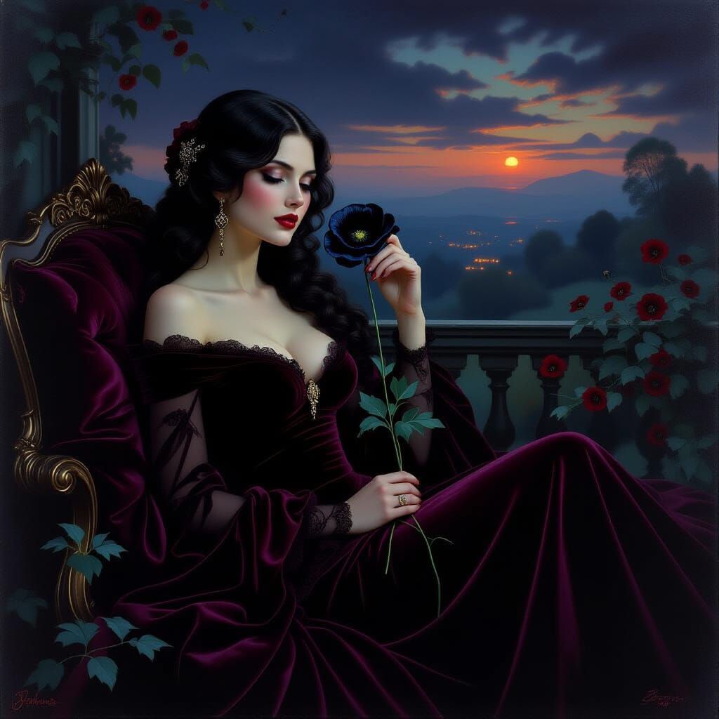 Mysterious Woman in Burgundy Gown with Black Poppy