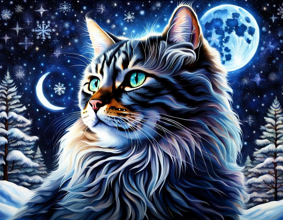 Hyperrealistic Winter Cat Under Celestial Eclipse