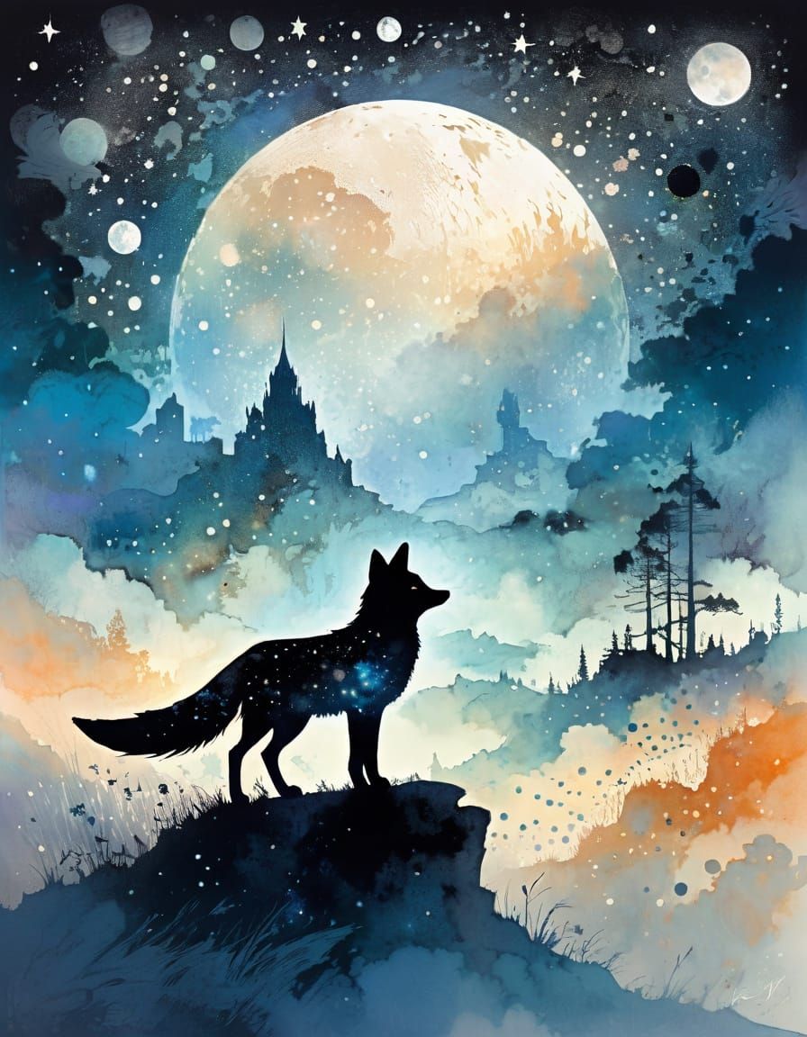 Fox Silhouette with Stars and Nebula