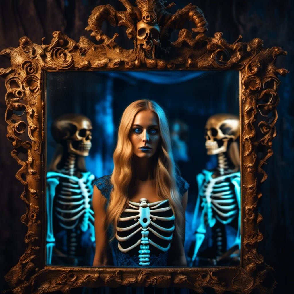 Woman and Skeleton Reflected in Expressionistic Style