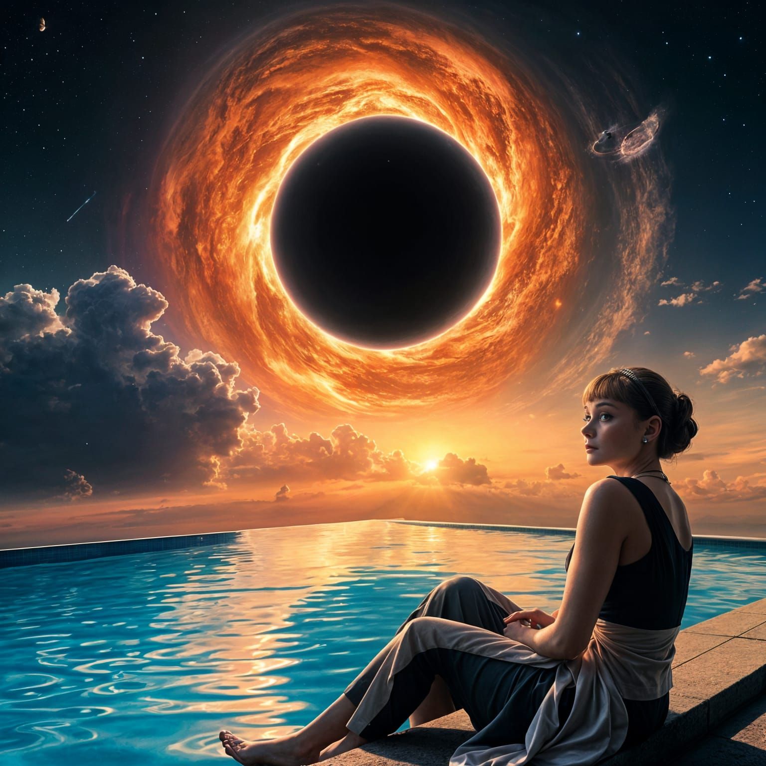 Elegant Audrey Hepburn in Cosmic Black Hole Scene