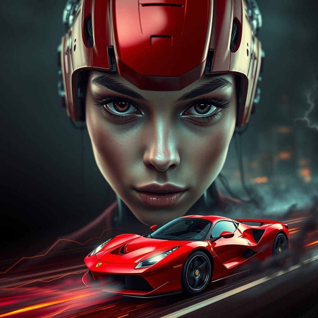 Cyberpunk Girl Portrait with Ferrari Overlay