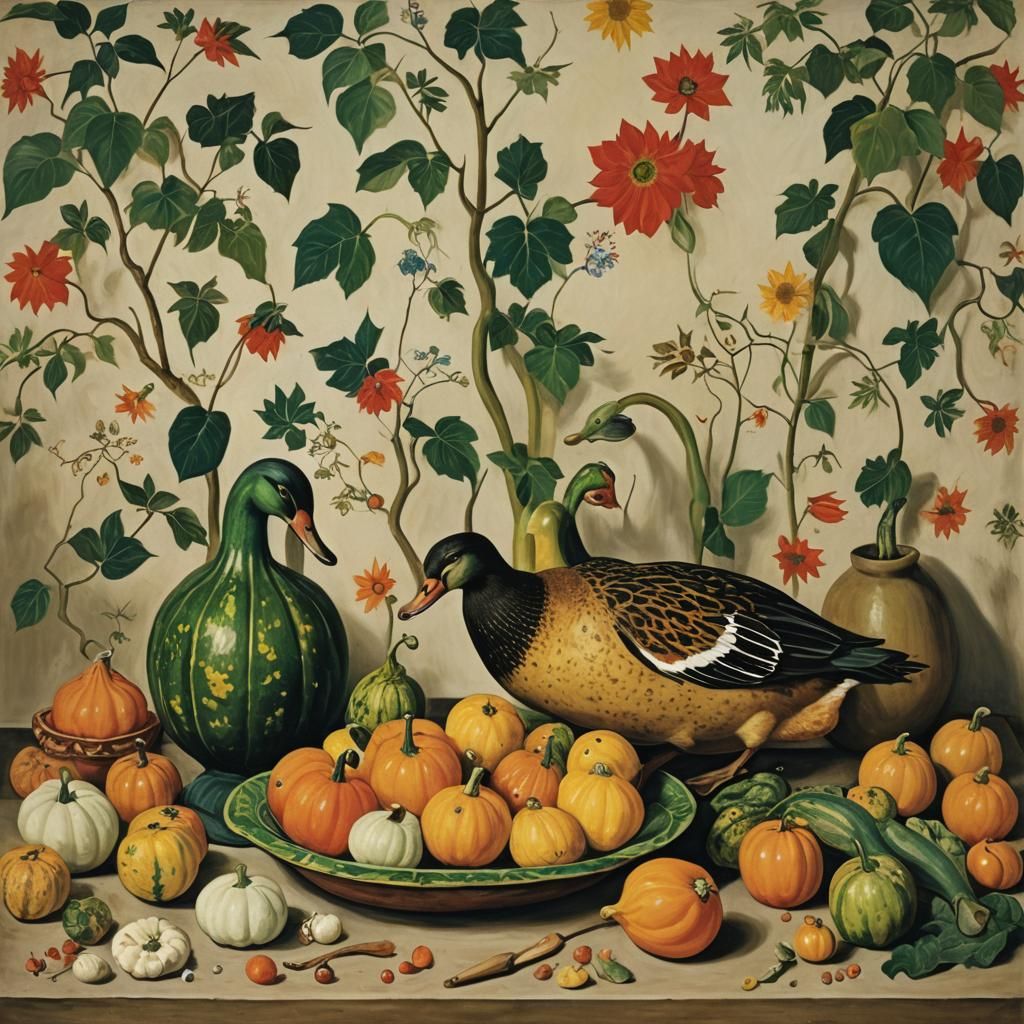 Duck and Gourds Still-Life in Surrealist Style