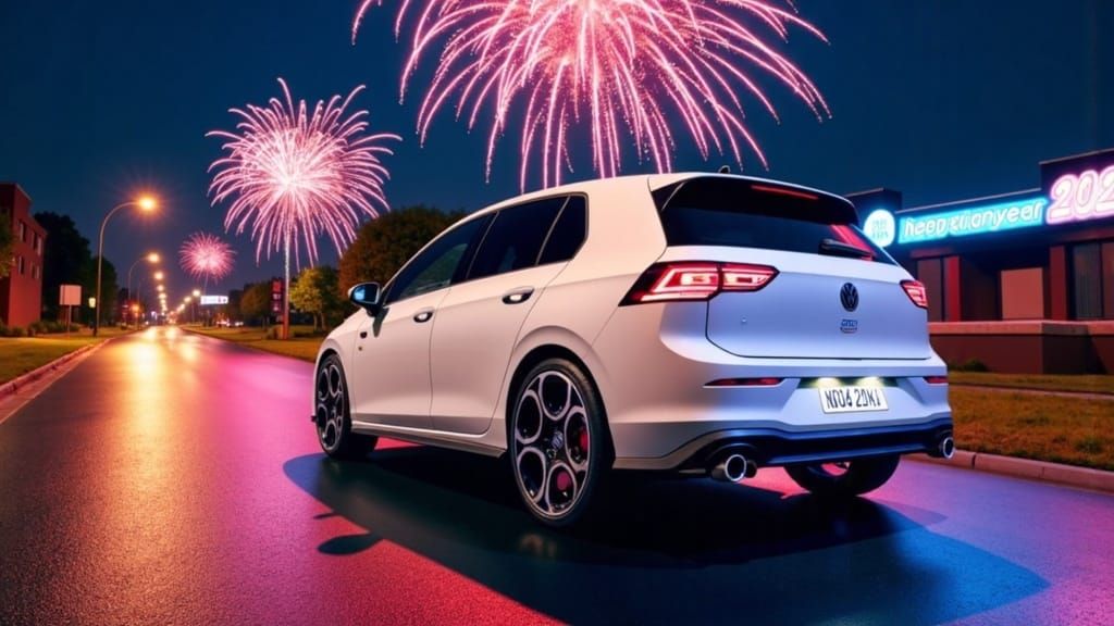 Hyper-Realistic Nighttime Scene of 2025 VW Golf GTI in Oryx....