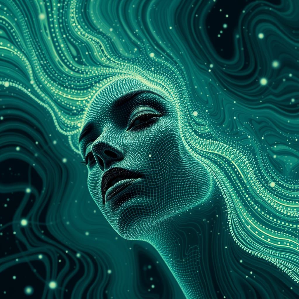 Abstract Woman Face with Ferrofluid and Pixel Shatter Art