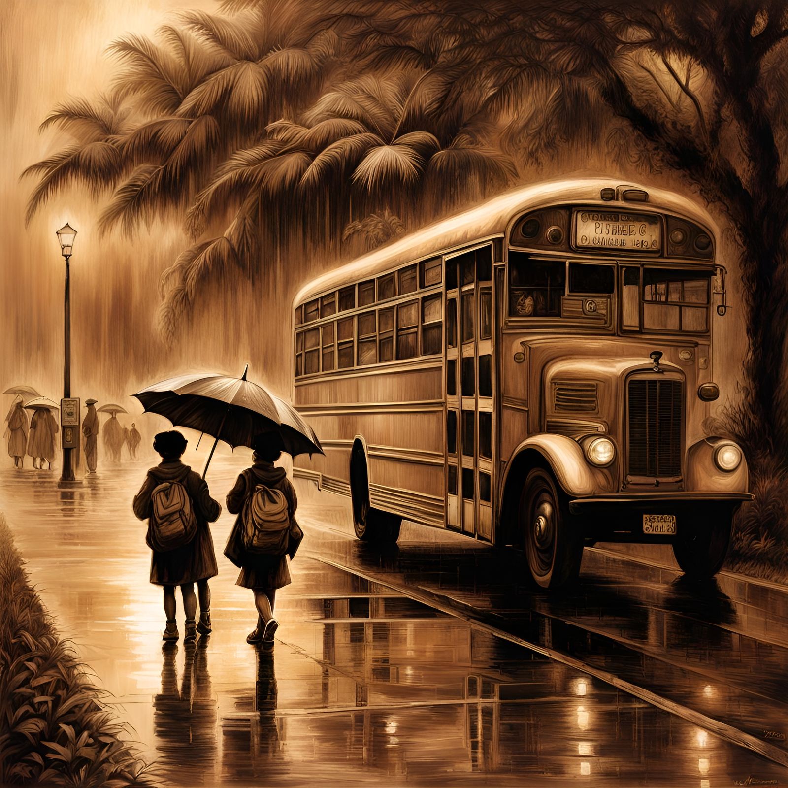 School Kids in Rainy Miami, Sepia Art