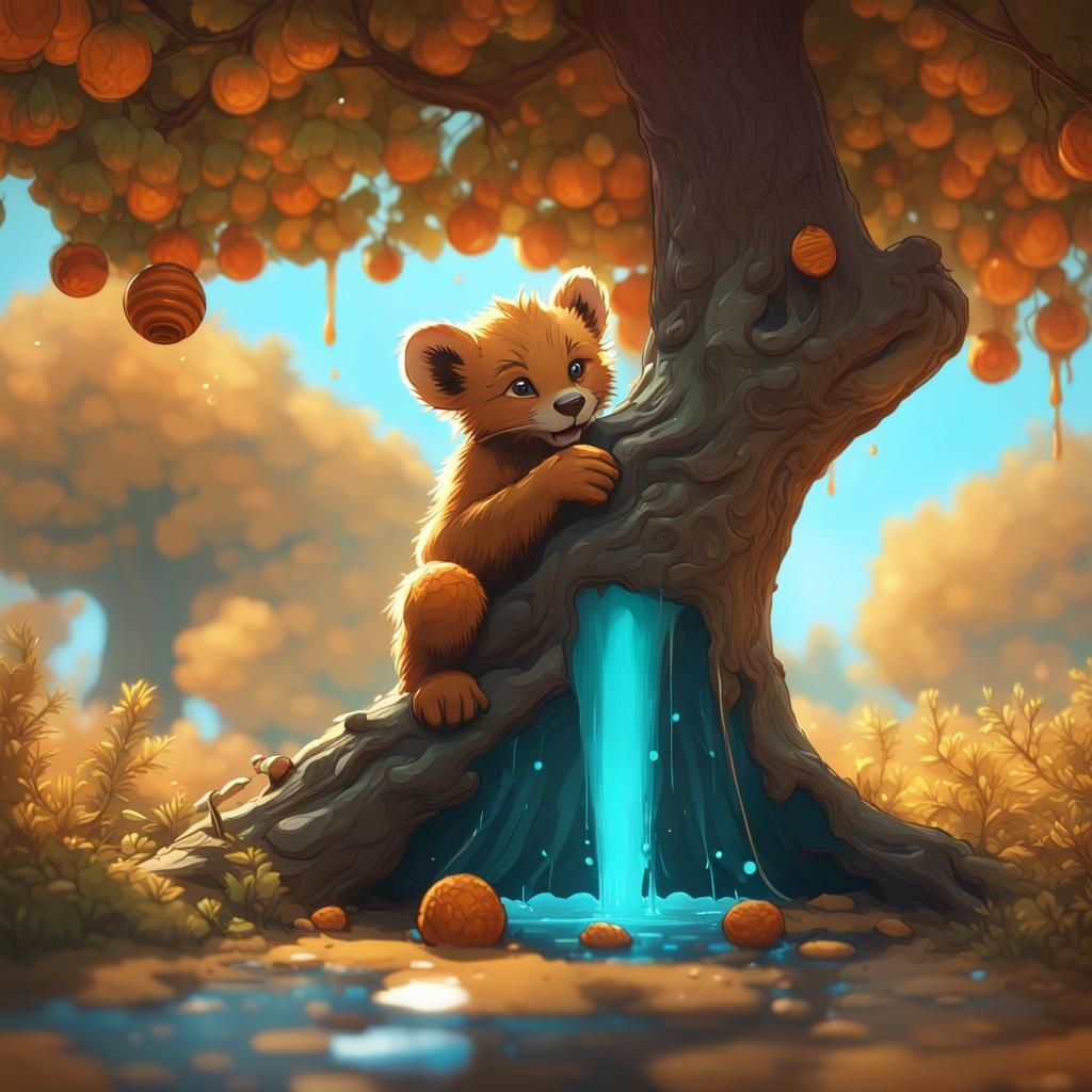 Happy Cub Digging for Honey: Detailed Concept Art