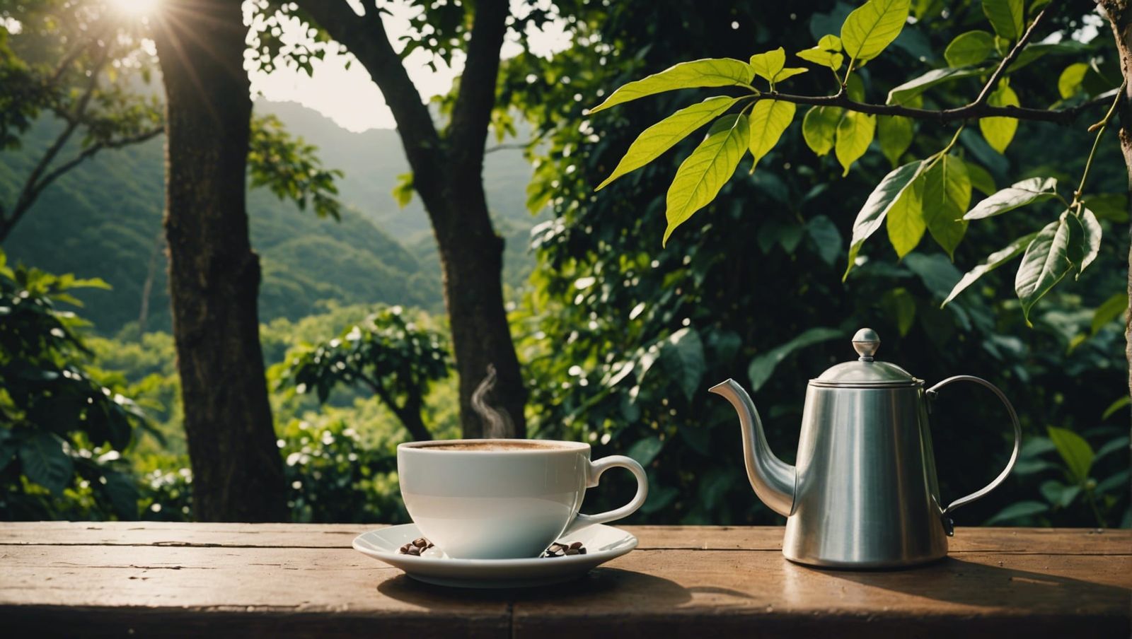 Cinematic Coffee Land with Pot and Cup