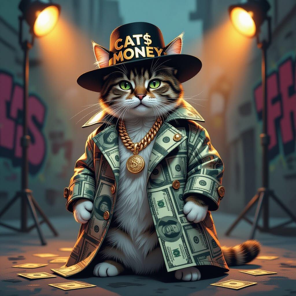 Hip Hop Cat Rapper with Dollar Bill Coat